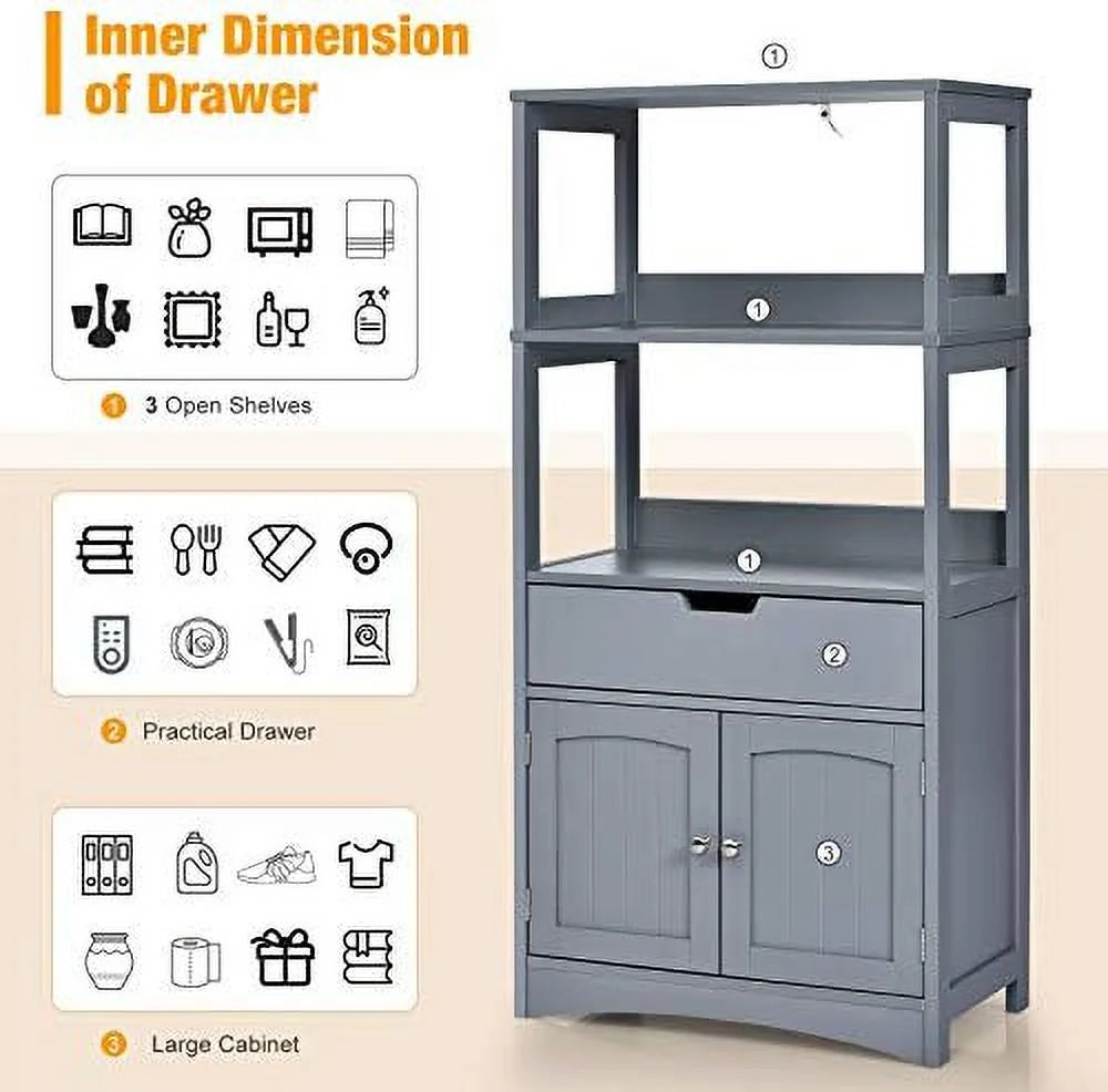 Bathroom Floor Cabinet with Drawer 2 Open Shelves and Door Cupboard Grey 24 x 13 x 48 inch Q73988