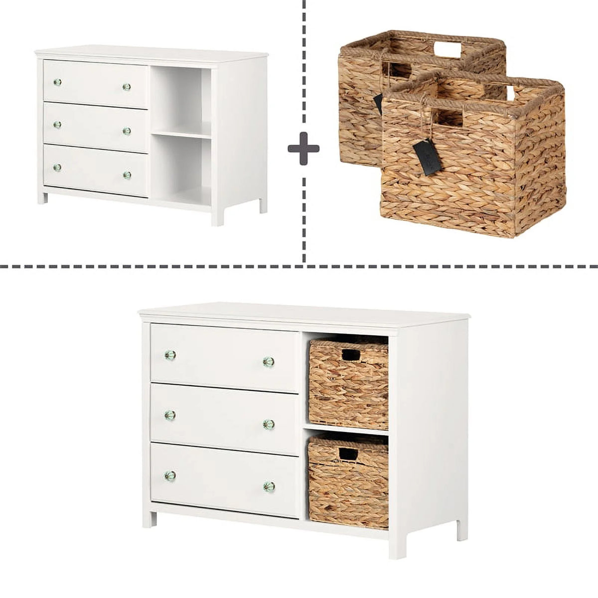 White 3-Drawer Engineered Wood Dresser with Baskets F27227