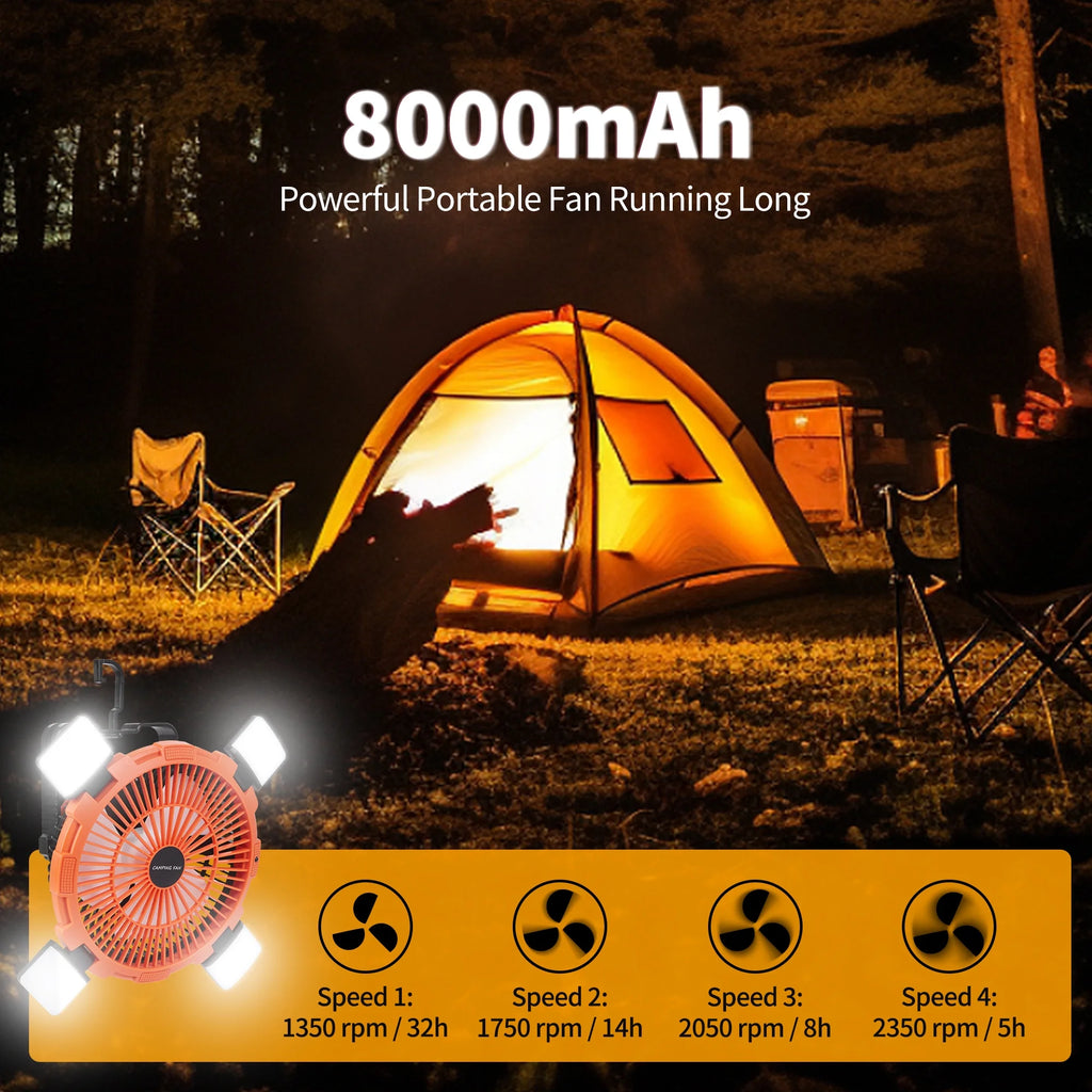 Portable Camping Fan with 4 LED Lantern, 9 inch 8000mAh USB Rechargeable Tent Fan with Remote N2953