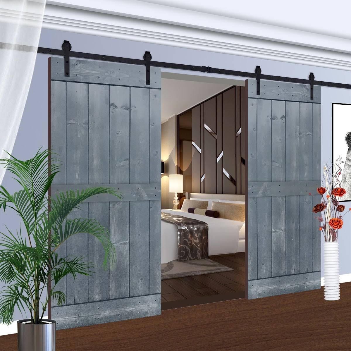 12-Panel Gray Painted Wood Sliding Door with Installation Hardware Kit I7265