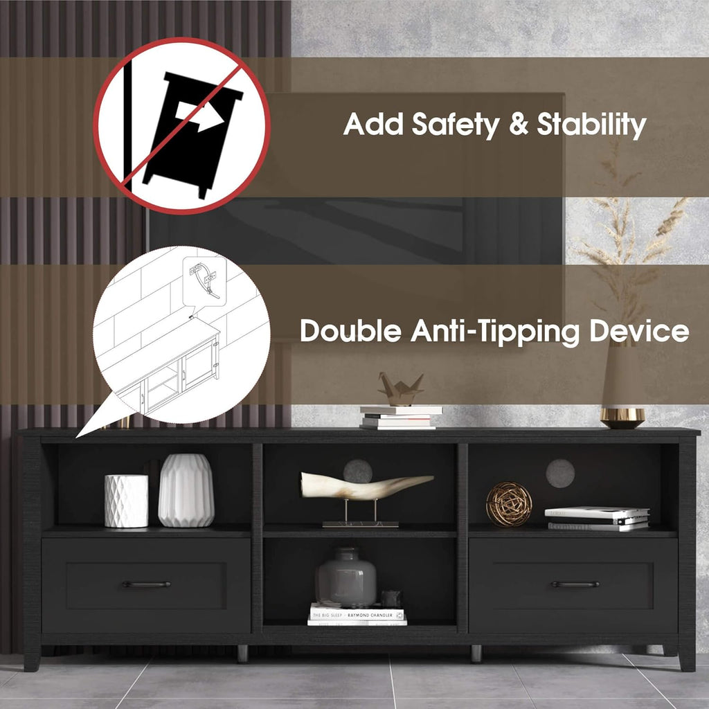 Black 70 inch TV Stand with Drawers Wood Storage Cabinet L363266