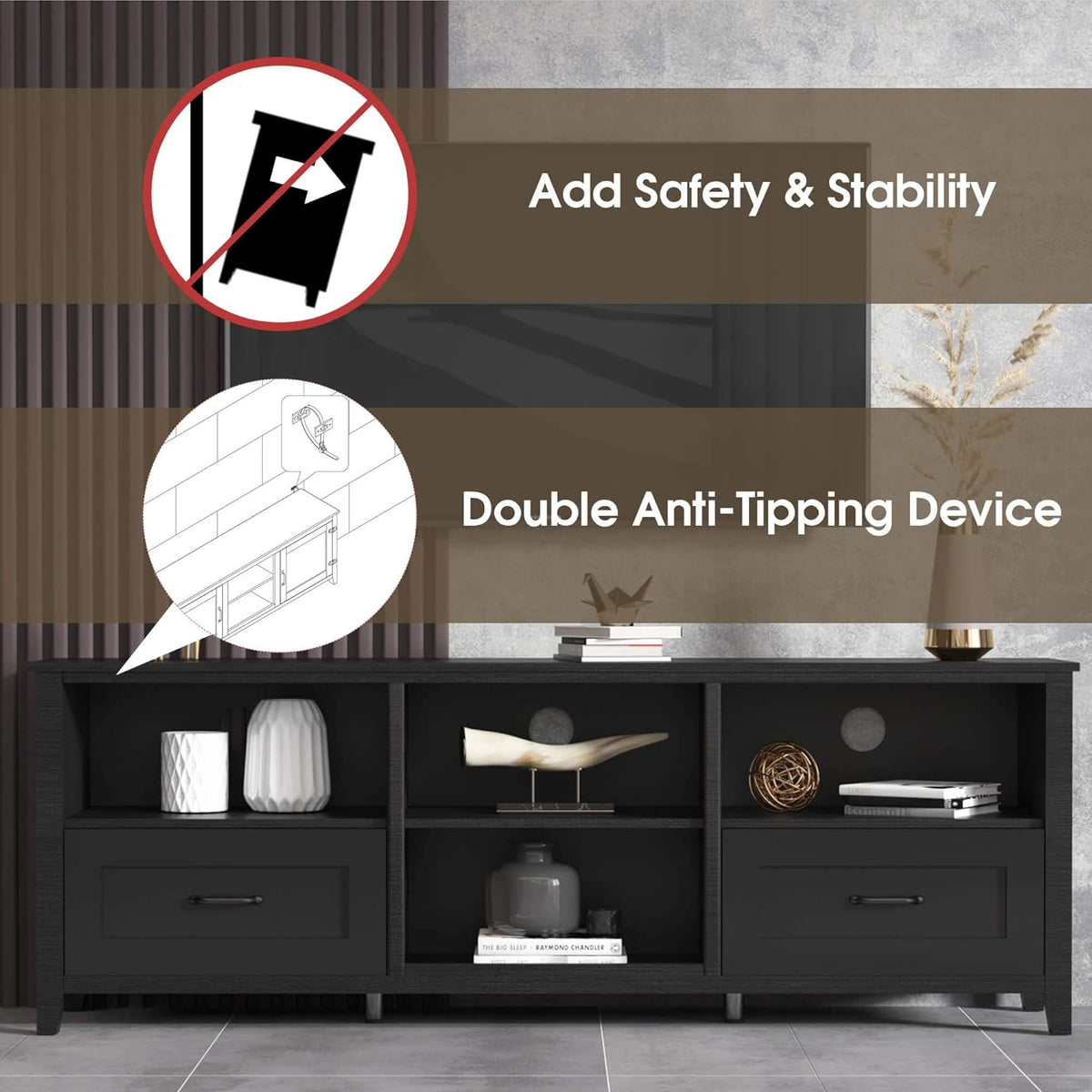 Black 70 inch TV Stand with Drawers Wood Storage Cabinet L363266