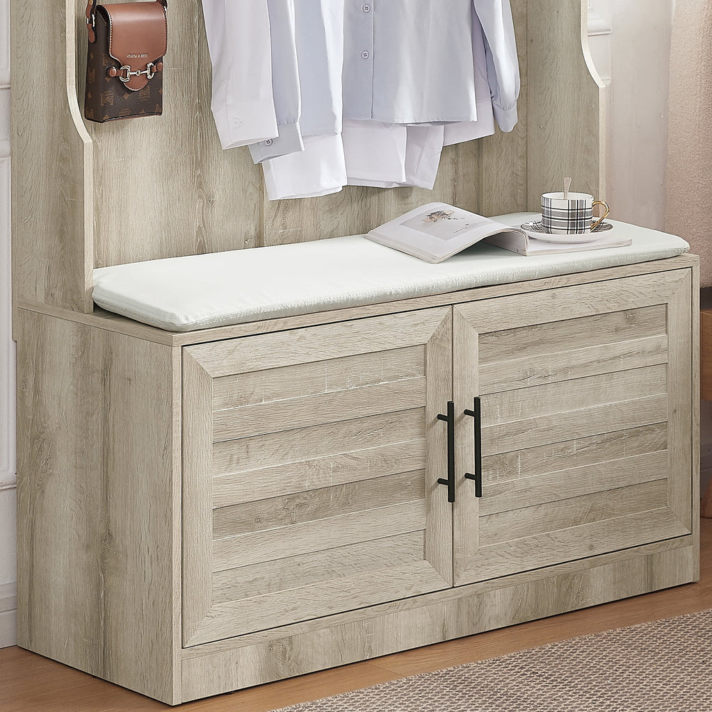 White Oak Entryway Bench with Coat Hooks and Storage Bench N94143