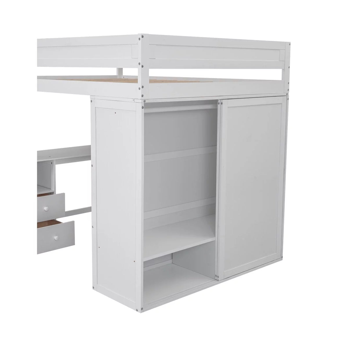 Solid Wood Loft Bed with Built-In Desk & Wardrobe White Full I3246