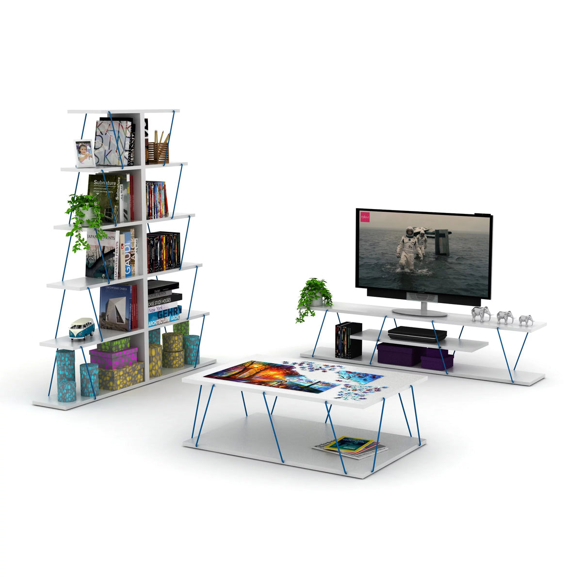 White Blue 4 Shelf 56 inch TV Stand H47955