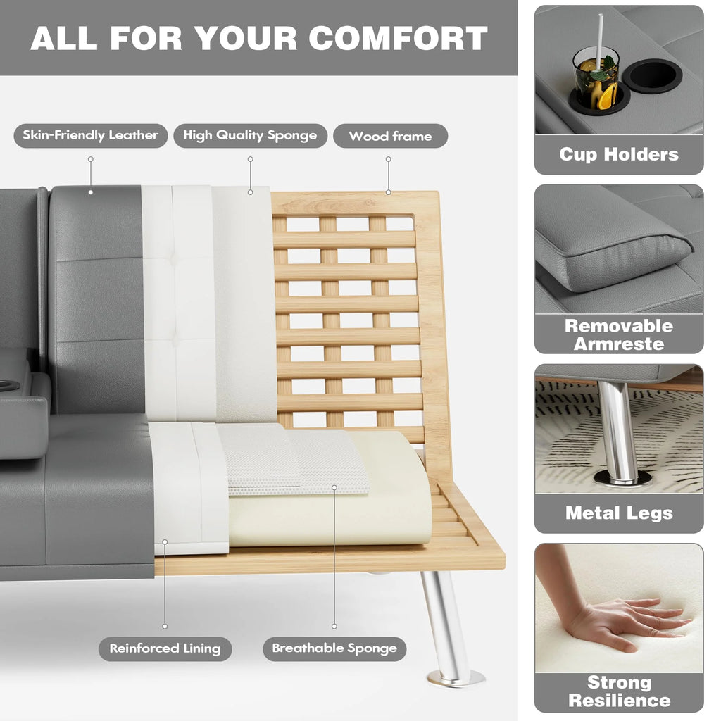 Grey Faux Leather Foldable Futon Sofa Bed with Removable Armrests J9320