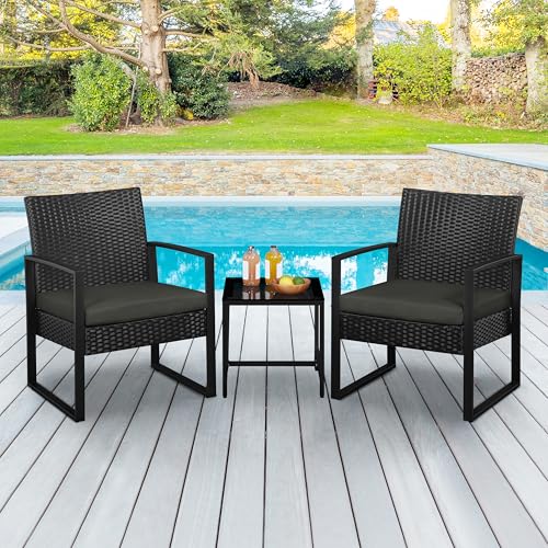 3 Pieces Rattan Bistro Set with Tempered Glass Coffee Table M120