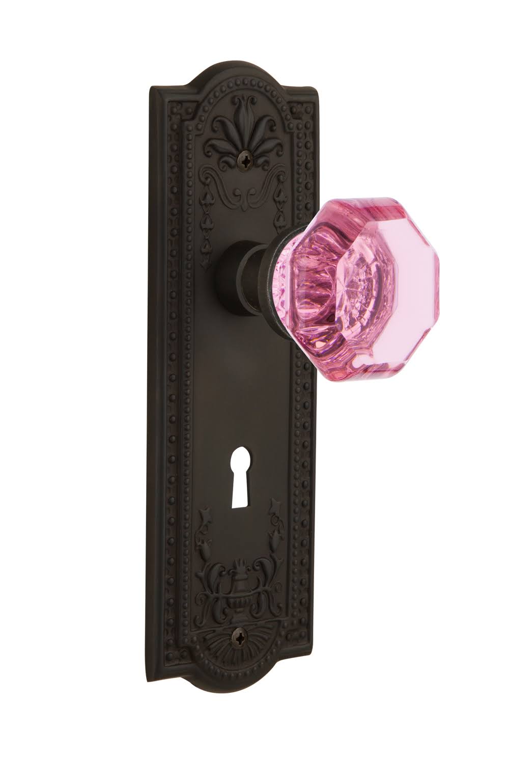 Passage Meadows Plate with Keyhole Waldorf Pink Door Knob in Oil-Rubbed Bronze B15905