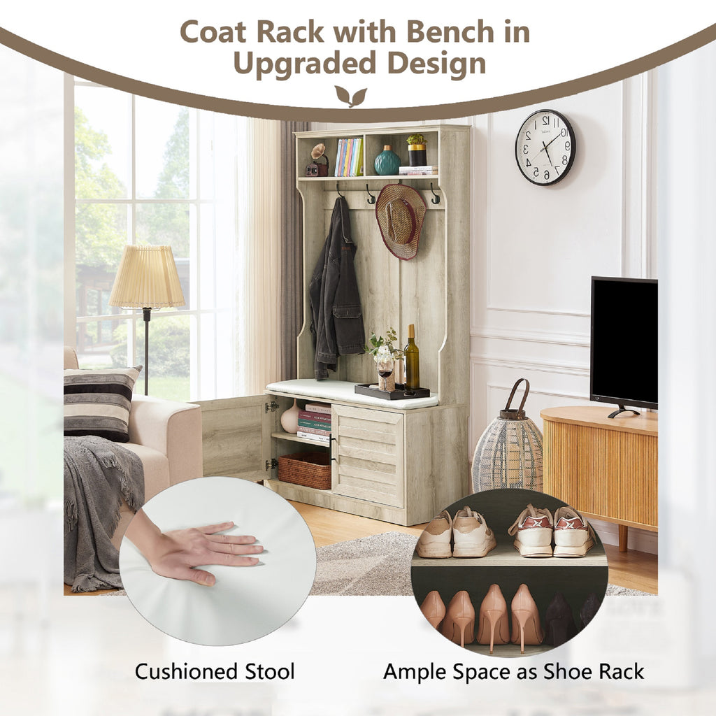 White Oak Entryway Bench with Coat Hooks and Storage Bench N94143