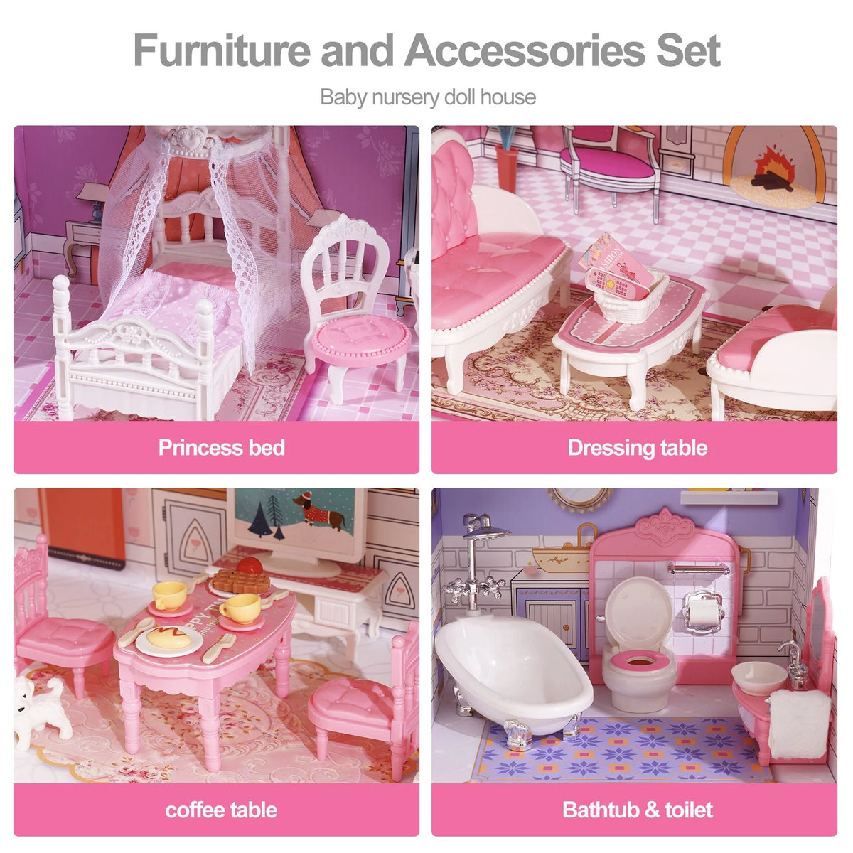Wooden Dollhouse with 24pcs Furniture Z142351
