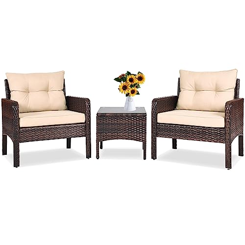 3 Piece Brown Rattan Patio Furniture Set with Cushions O38053