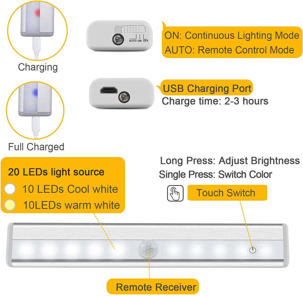 Remote Control Under Cabinet Lighting 6 Pack Dimmable Rechargeable 3 Colors T126