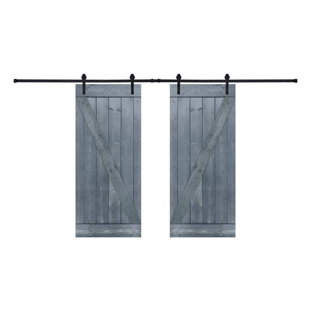 12-Panel Gray Painted Wood Sliding Door with Installation Hardware Kit I7265