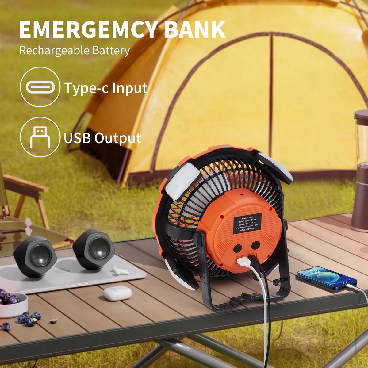 Portable Camping Fan with 4 LED Lantern, 9 inch 8000mAh USB Rechargeable Tent Fan with Remote N2953