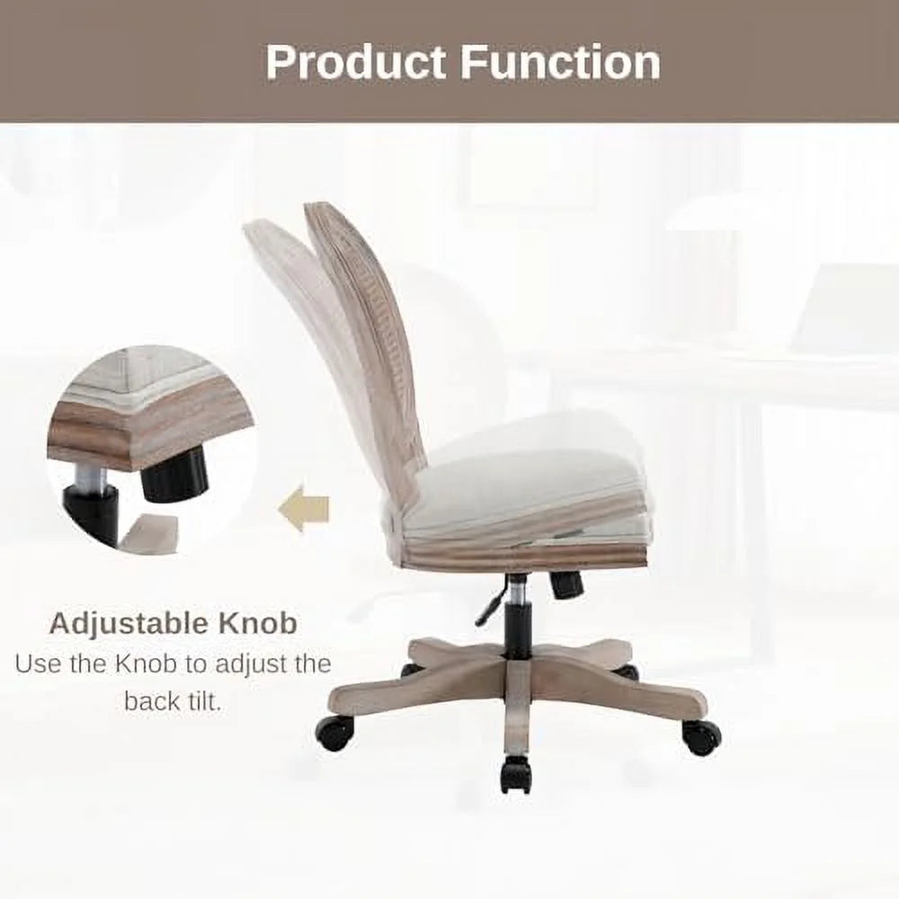 Beige Linen Fabric Armless Swivel Desk Chair with Wheels O5347