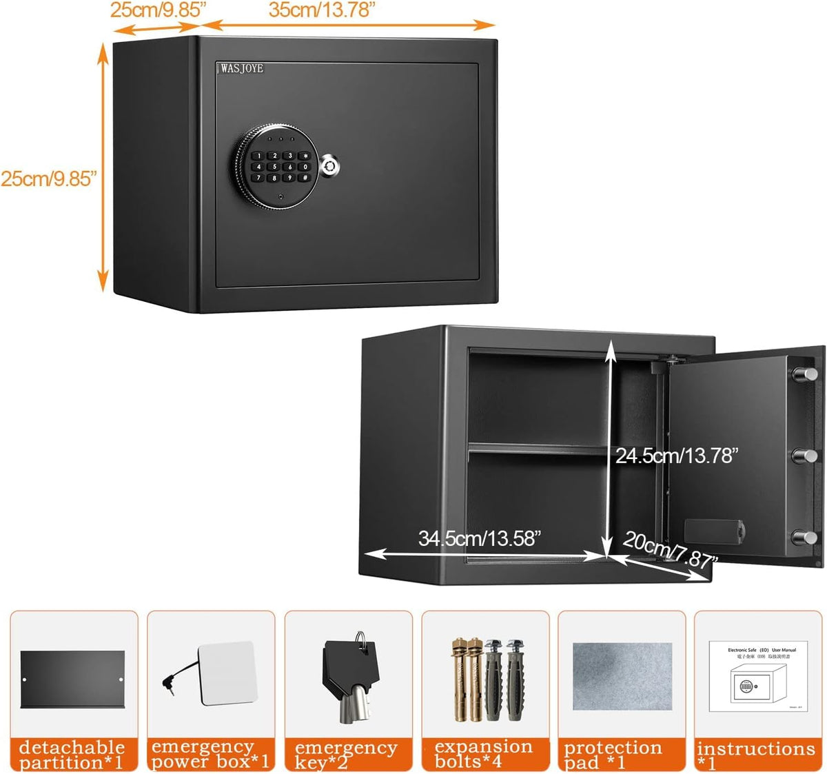 Security Safe Cash Box with Double Digital Keypad Key Lock (13.78 x 9.85 x 9.85 Inch) A517269