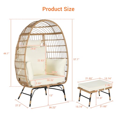 Oversized Wicker Rattan Egg Chair with Ottoman and Cushions W600997