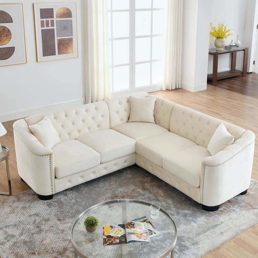 Beige Velvet 5-Seater Corner Sofa with 3 Cushions P505
