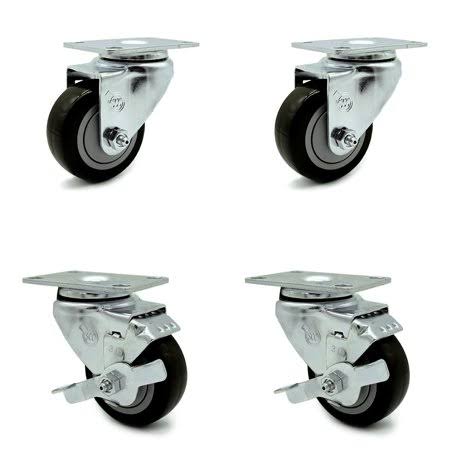 3 inch Black Polyurethane Swivel Top Plate Caster Set with 2 Brakes Q55654