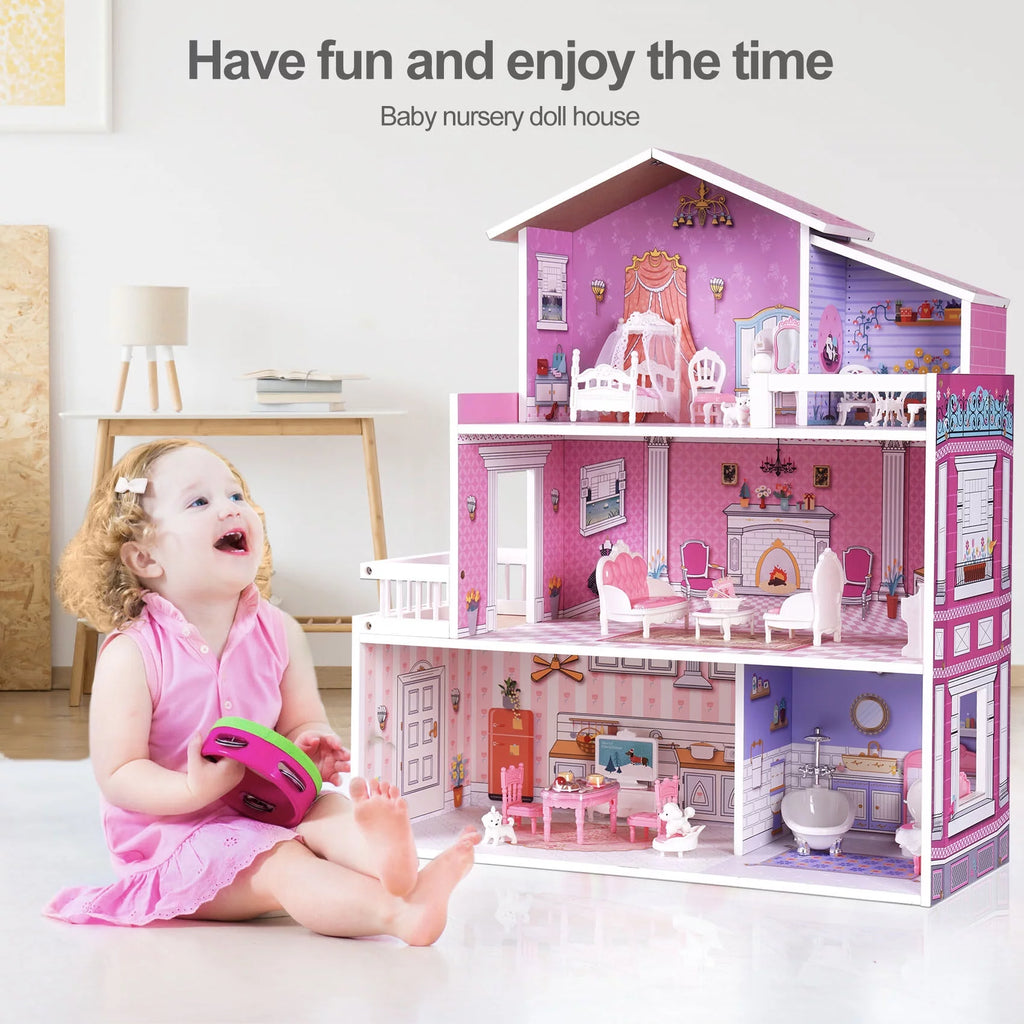 Wooden Dollhouse with 24pcs Furniture Z142351