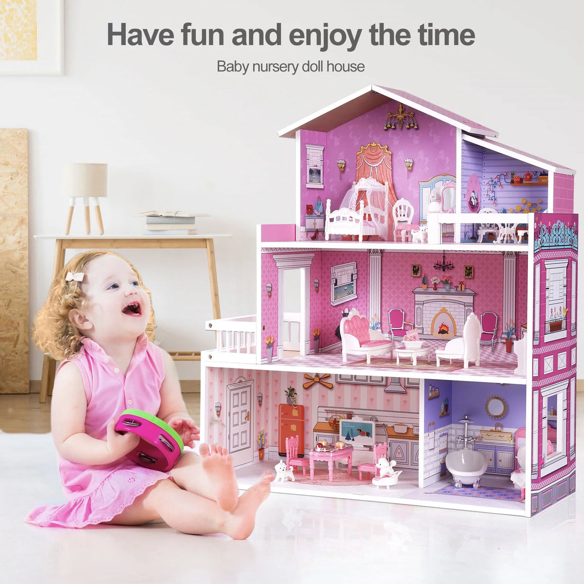 Wooden Dollhouse with 24pcs Furniture Z142351