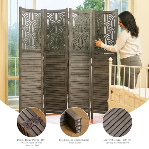 4 Panel Gray Wood Carved Folding Room Divider M474