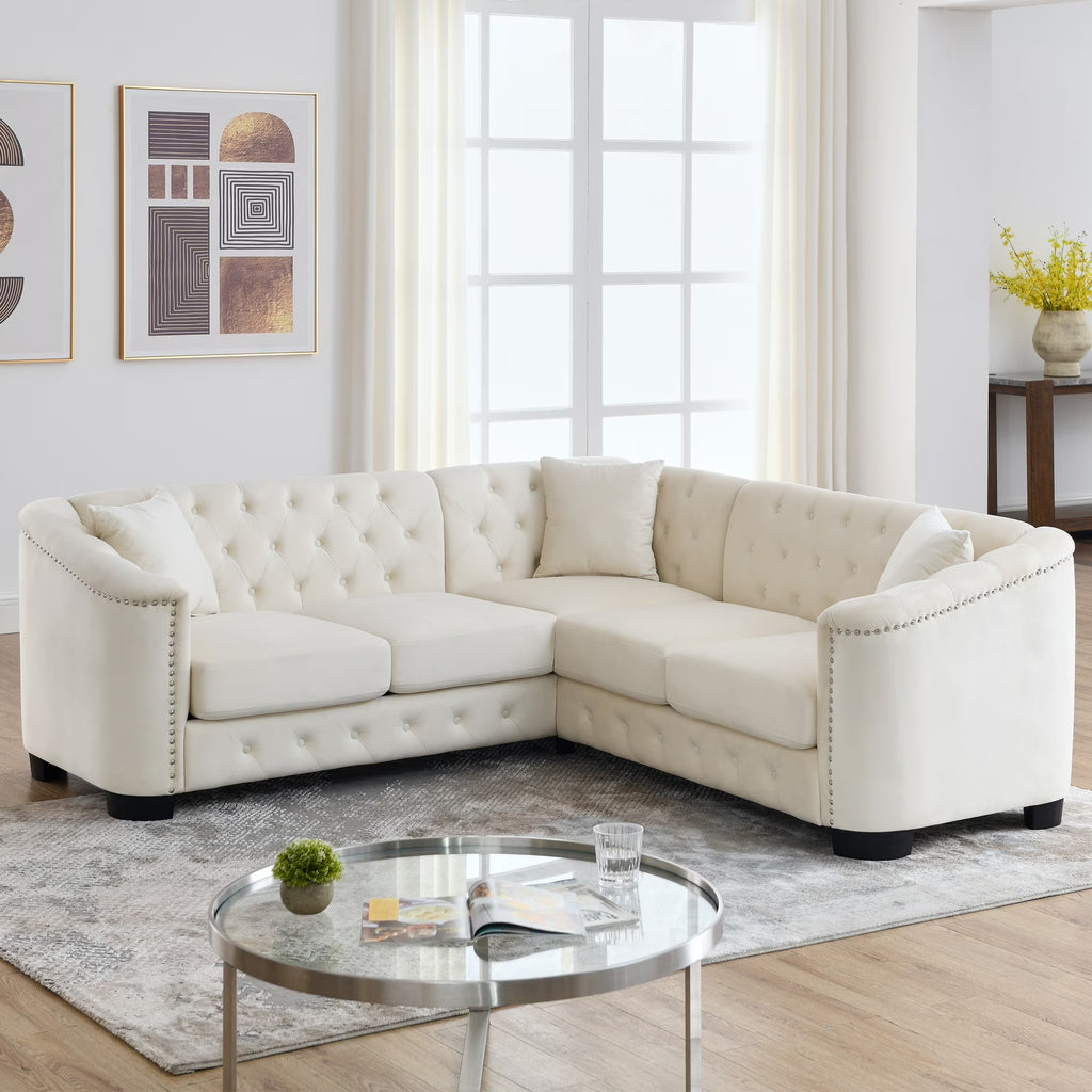 Beige Velvet 5-Seater Corner Sofa with 3 Cushions P505