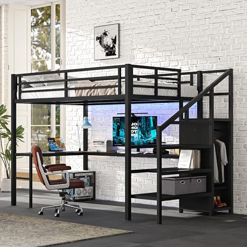 Black Full Loft Bed with L-shaped Desk, USB, Wardrobe & Stairs Q95316