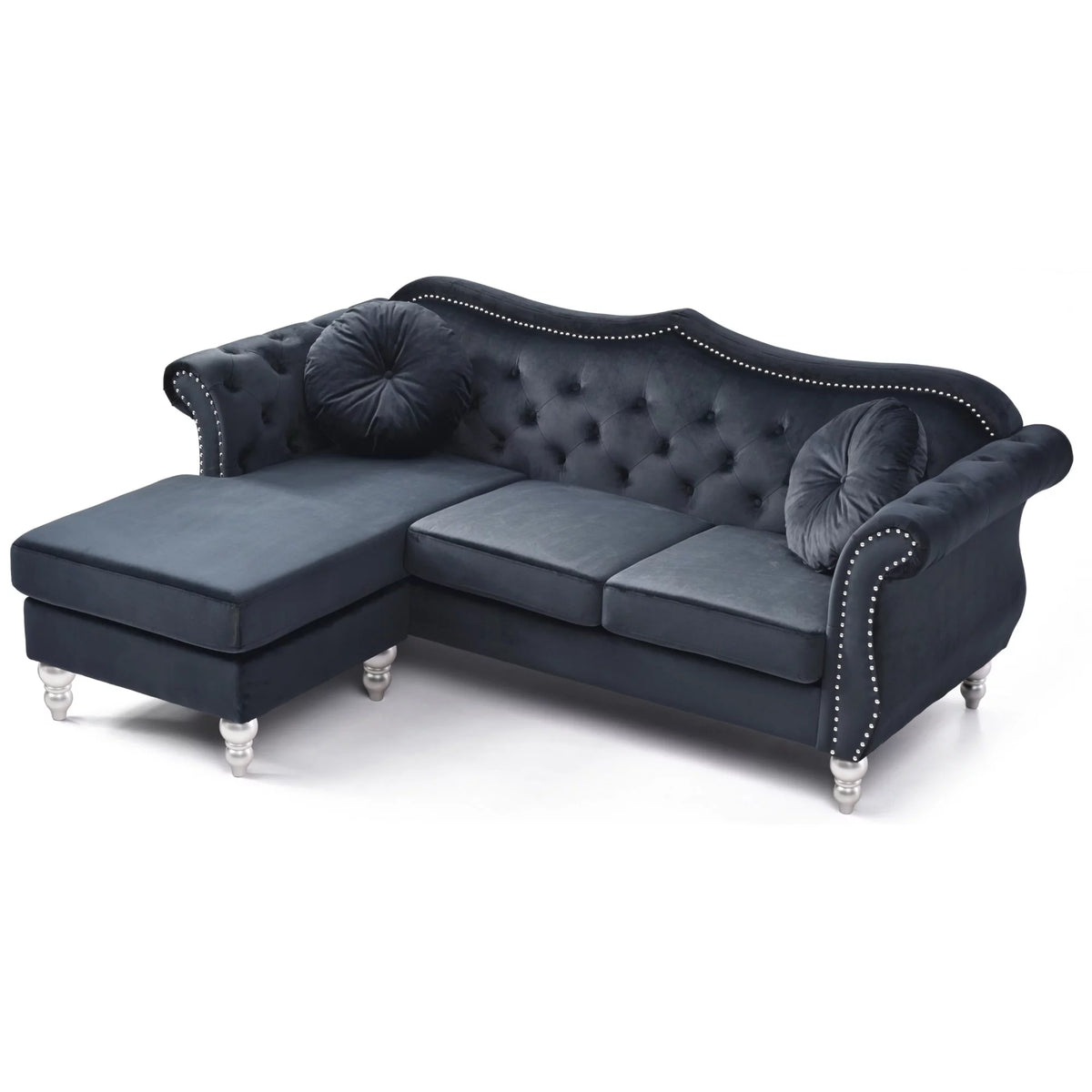 Black Velvet Chesterfield Sectional Sofa with 2-Throw Pillow Y505