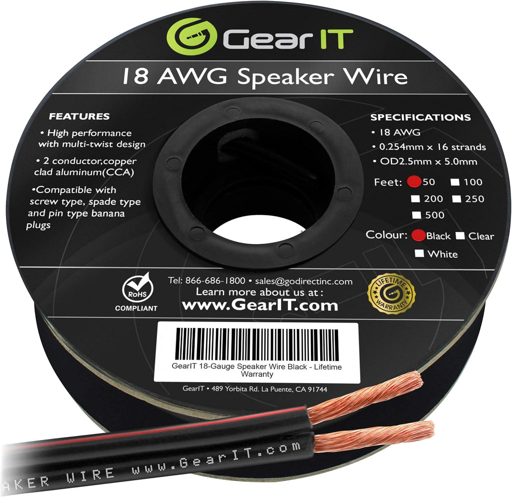 18AWG Speaker Wire Cable 100 Feet Black Pack of 2 B2448