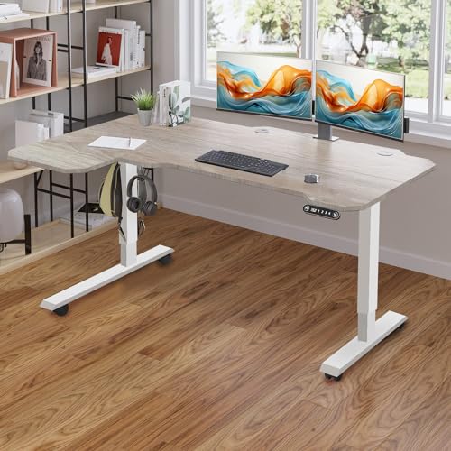 Rustic Brown 59 Inch L-Shaped Electric Sit-Stand Computer Desk with 3 Splice Boards S548