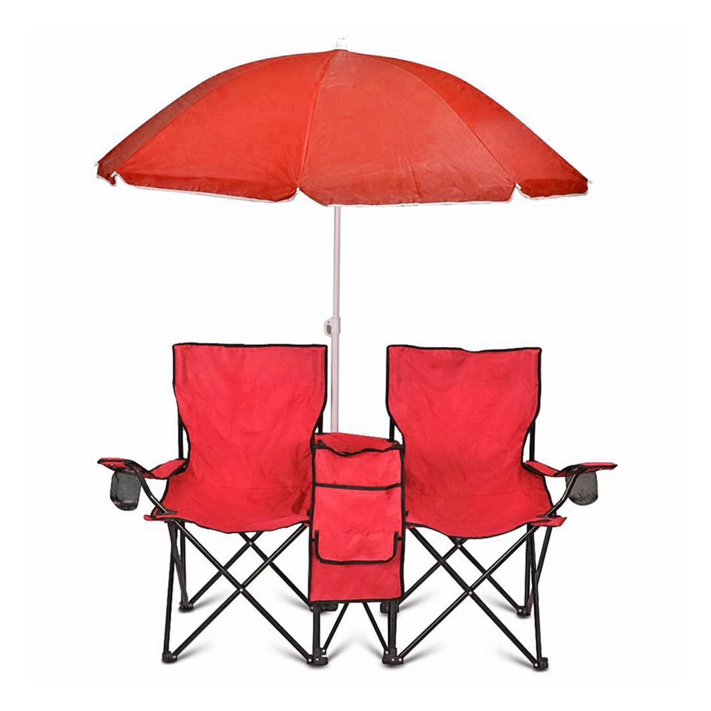 Red Double Folding Camping Chair Set with Shade Umbrella and Cooler Bag R8171