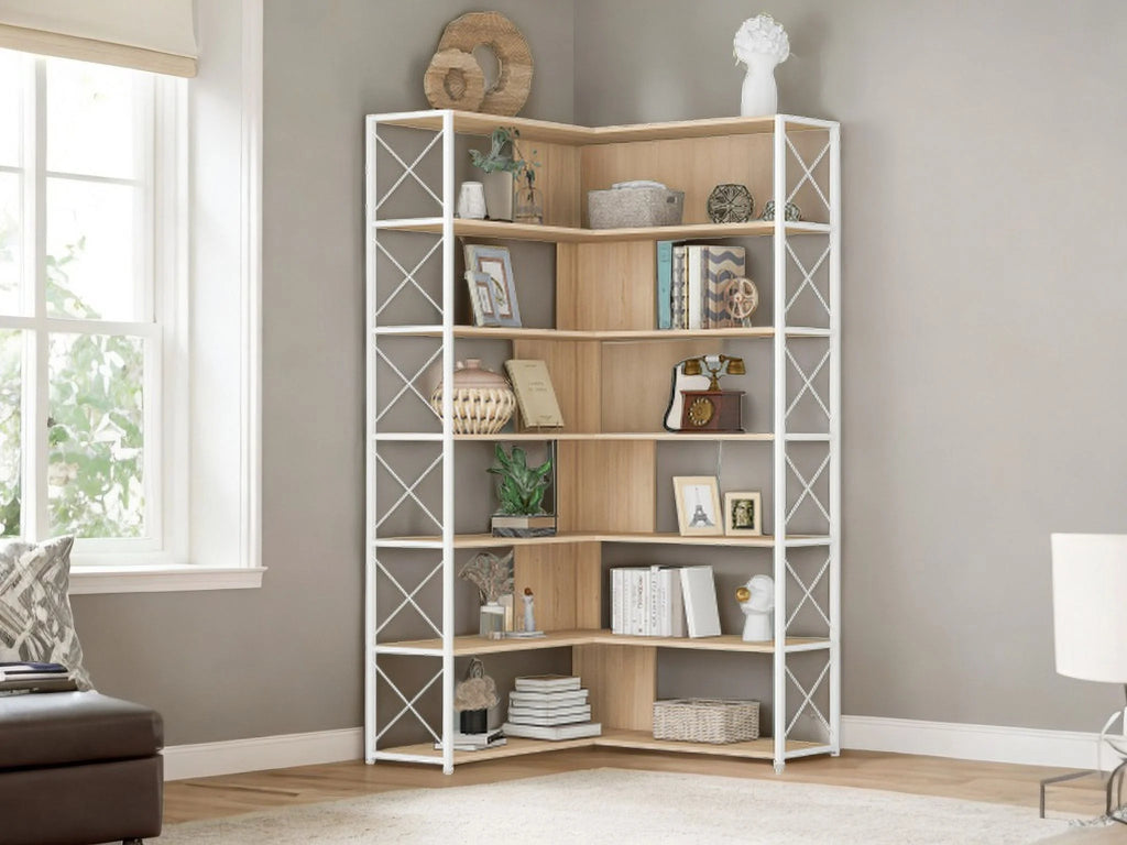 L-Shaped 7-Tier Bookshelf with Metal Frame O708354
