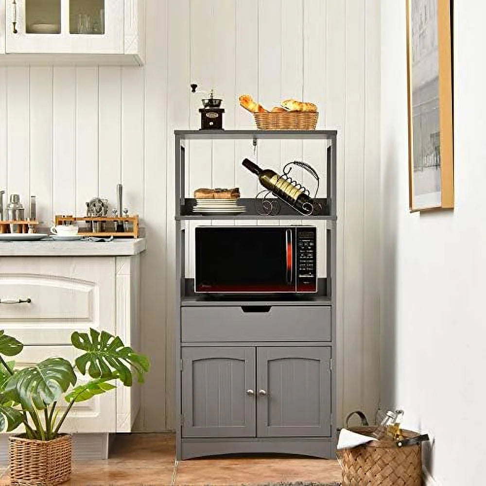 Bathroom Floor Cabinet with Drawer 2 Open Shelves and Door Cupboard Grey 24 x 13 x 48 inch Q73988