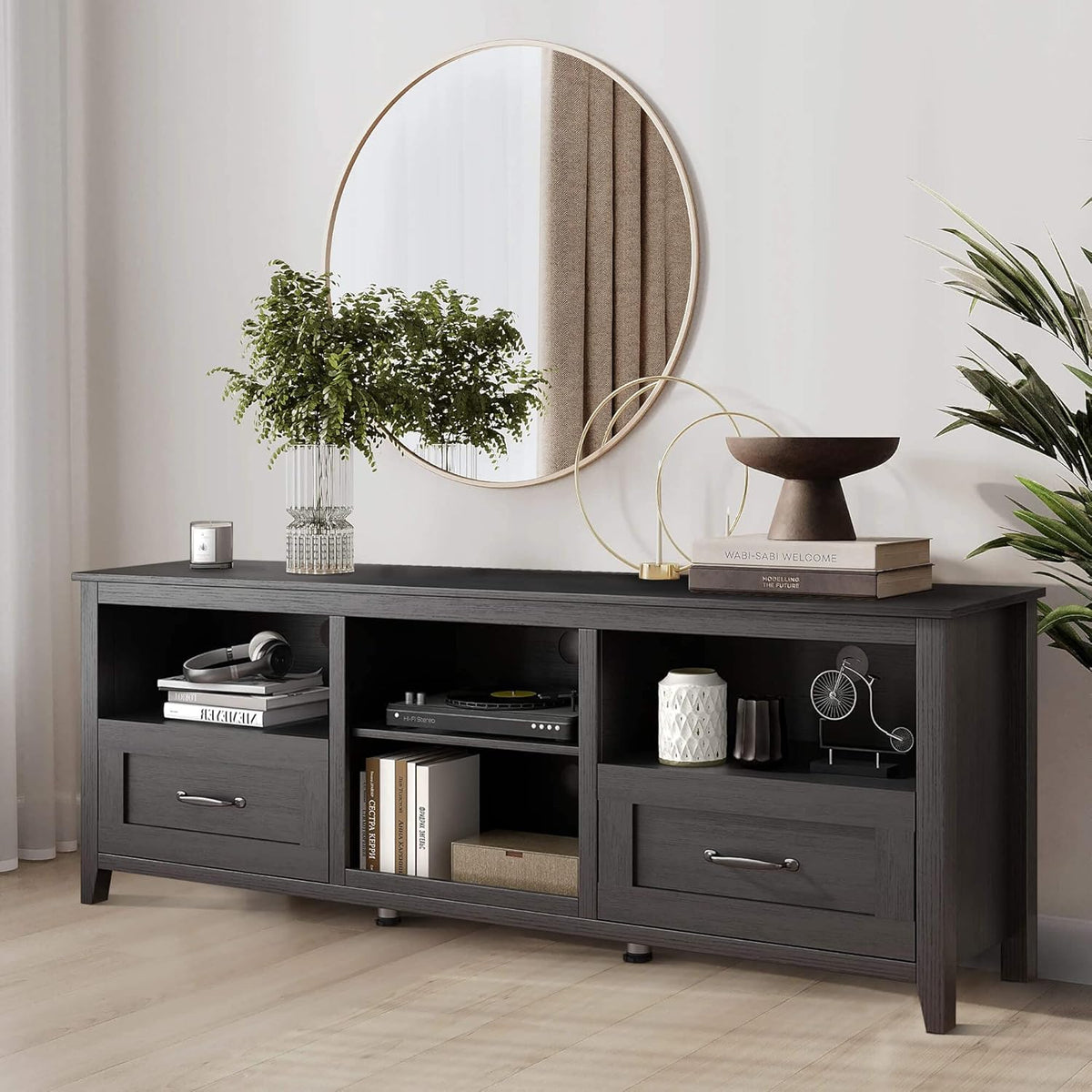 Black 70 inch TV Stand with Drawers Wood Storage Cabinet L363266