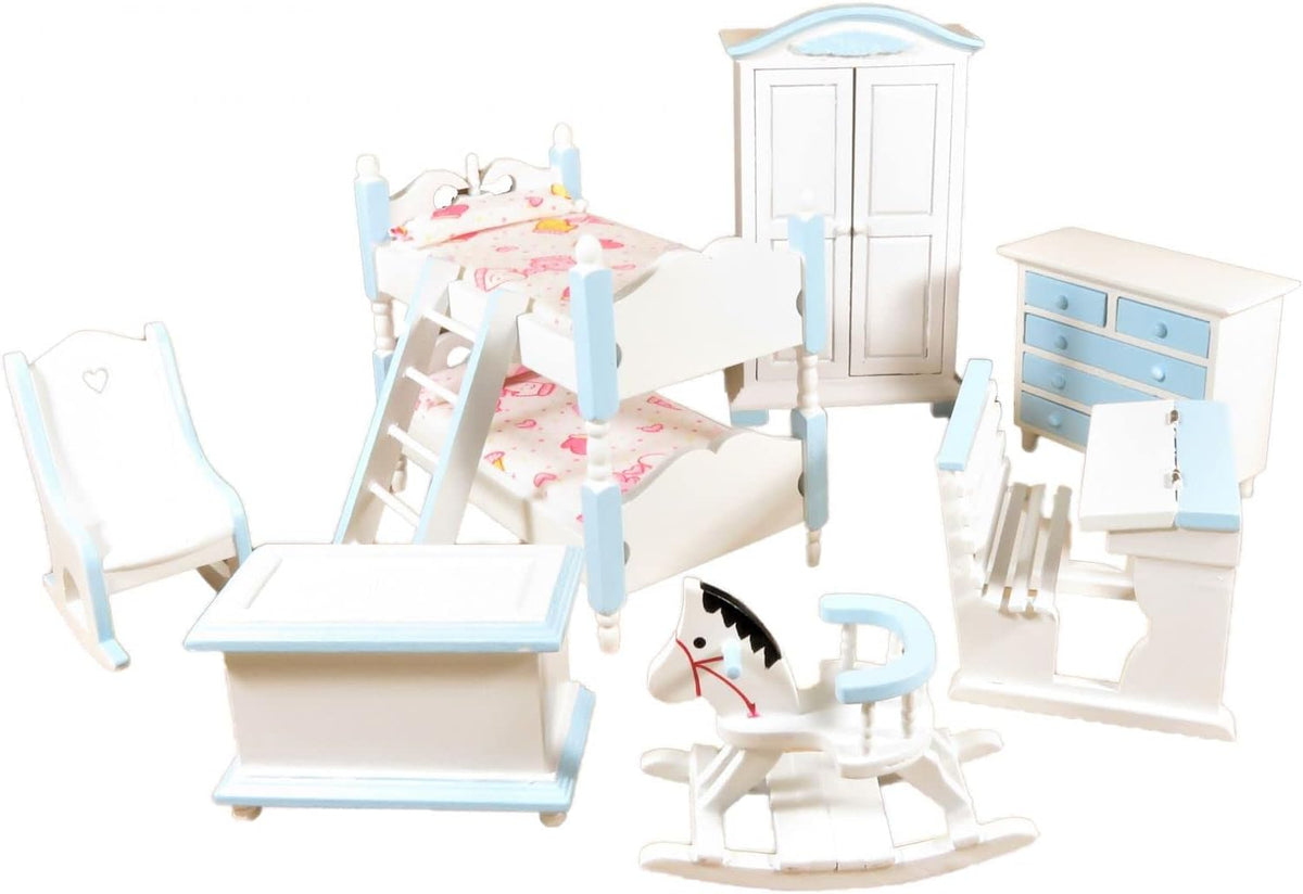 Blue & White Dollhouse Bedroom Furniture Set with Bunk Bed 1:12 Scale K2302