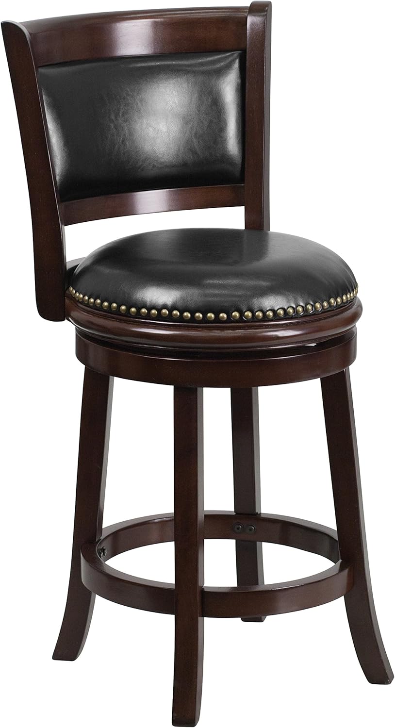 Cappuccino Wood Counter Height Stool with Panel Back and Black LeatherSoft Swivel Seat K405