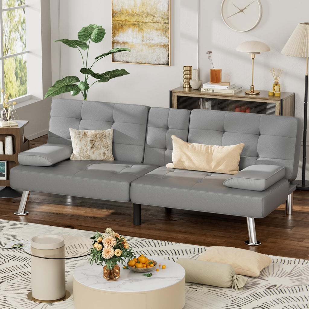 Grey Faux Leather Foldable Futon Sofa Bed with Removable Armrests J9320