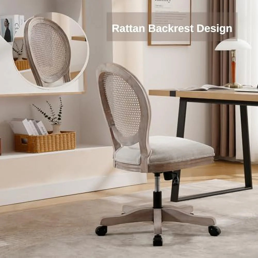 Beige Linen Fabric Armless Swivel Desk Chair with Wheels O5347
