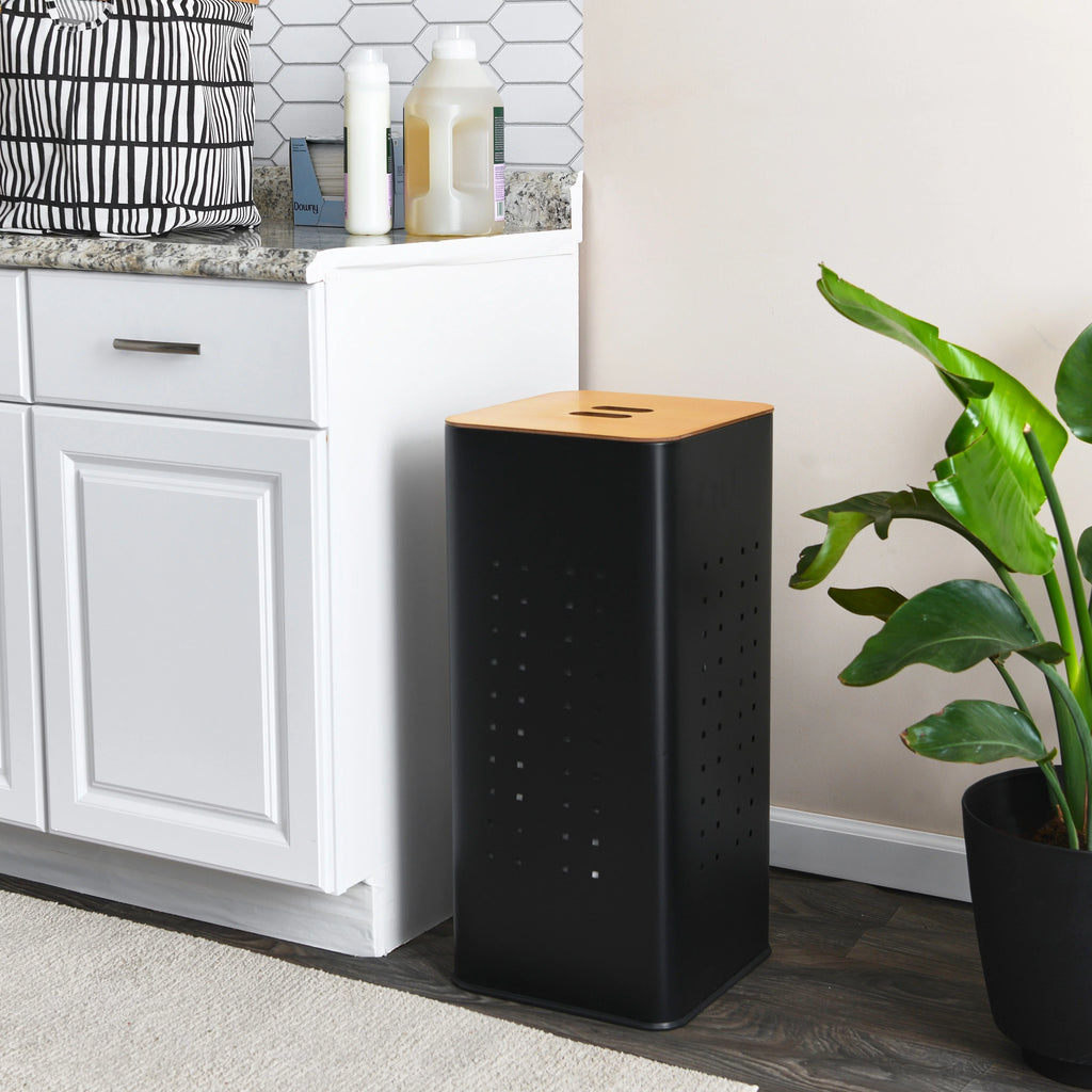 Matte Black Steel Laundry Hamper with Lid D73525
