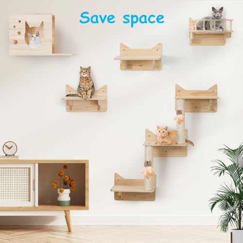 9-Piece Wall-Mounted Cat Shelves Set with 2 Sisal Scratching Posts A8967