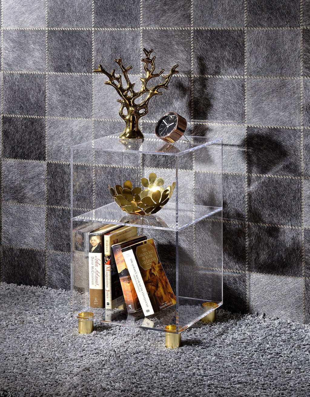 Clear Lucite and Acrylic End Table with 4 Gold Legs O105