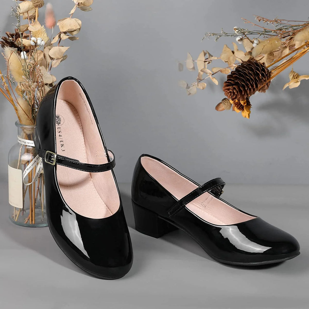 Black Mary Jane Dress Shoes Low Heels I1419