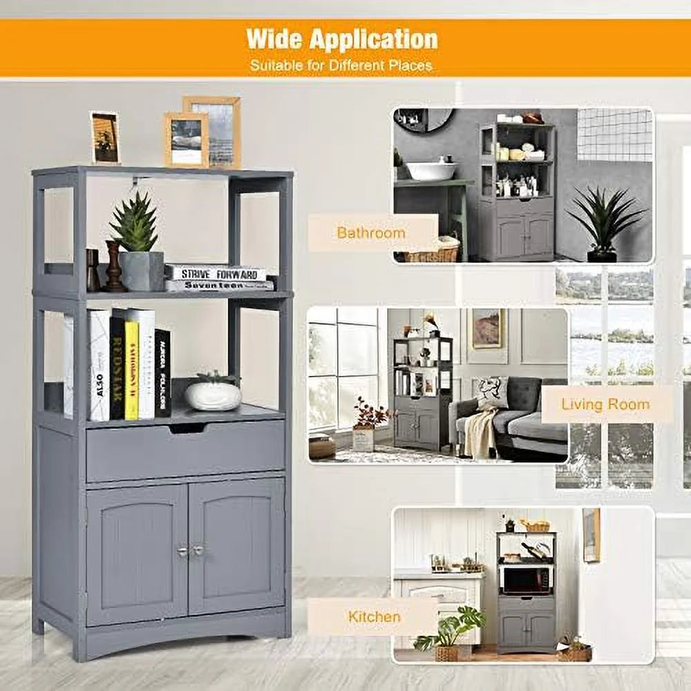 Bathroom Floor Cabinet with Drawer 2 Open Shelves and Door Cupboard Grey 24 x 13 x 48 inch Q73988