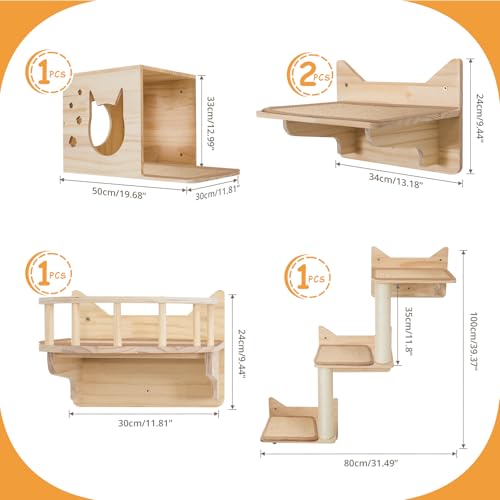 9-Piece Wall-Mounted Cat Shelves Set with 2 Sisal Scratching Posts A8967