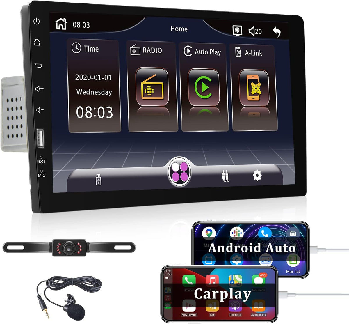 Single Din Car Stereo with Carplay and Android Auto, 9 Inch Touchscreen MP5 Player with Bluetooth J7021
