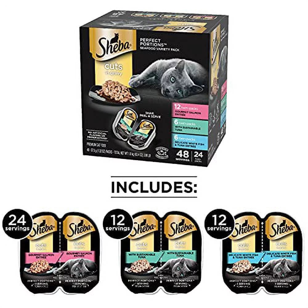 Soft Wet Cat Food Cuts in Gravy Salmon Tuna Whitefish Variety Pack 2.6 Oz. 24 Twin Packs D8091