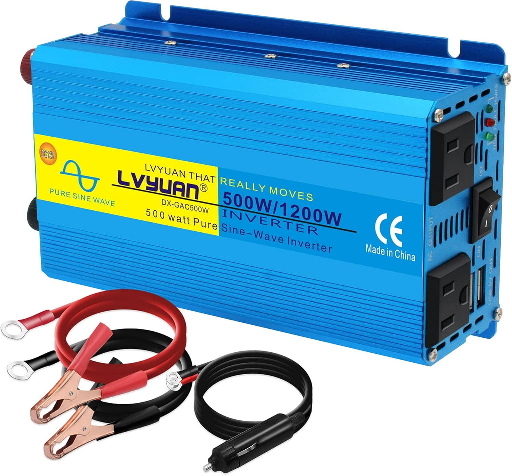 500W Pure Sine Wave Power Inverter DC 12V to AC 110V with Dual USB Ports Pack of 2 X2781