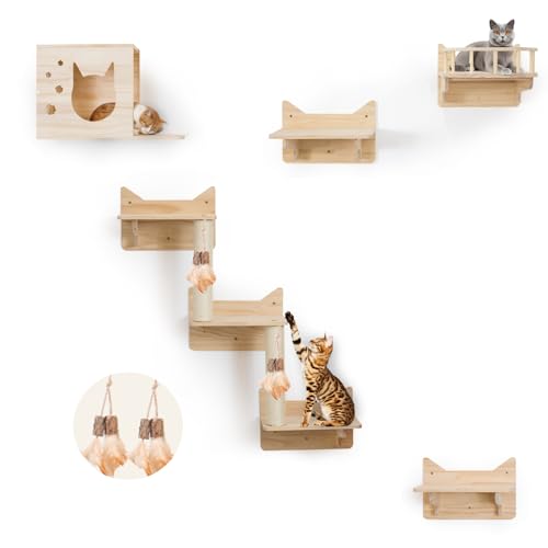 9-Piece Wall-Mounted Cat Shelves Set with 2 Sisal Scratching Posts A8967