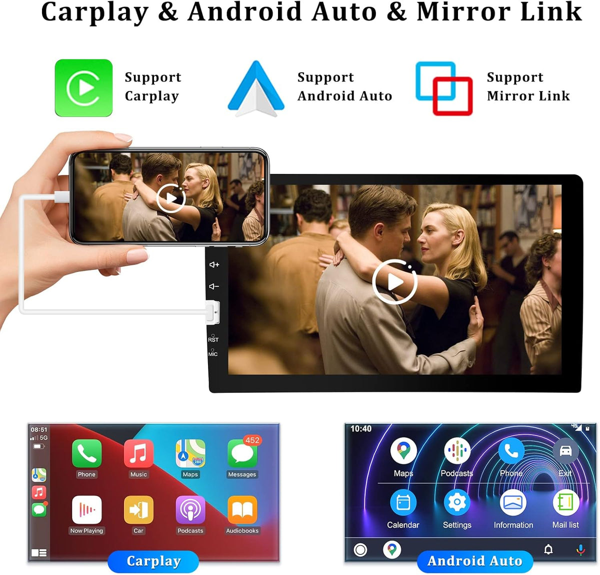 Single Din Car Stereo with Carplay and Android Auto, 9 Inch Touchscreen MP5 Player with Bluetooth J7021